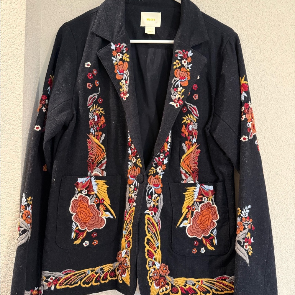 Maeve Black Blazer with Colorful Embroidery
